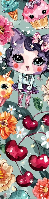 Free kawaii cats bookmark featuring a cherry-themed cat with a cupcake